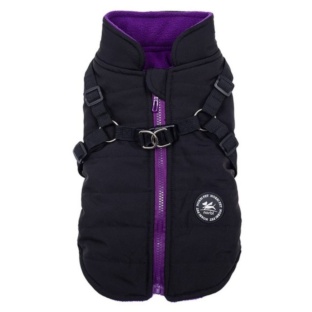NWT Norbi Fleece Winter Dog Jacket Size Small Black Purple Harness Full Zipper